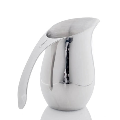Stainless milk frothing pitcher with angled spout and integrated whisk arm