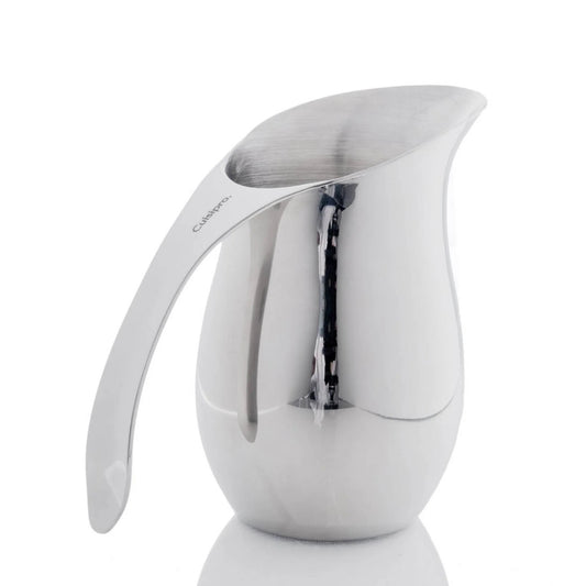 Stainless milk frothing pitcher with angled spout and integrated whisk arm