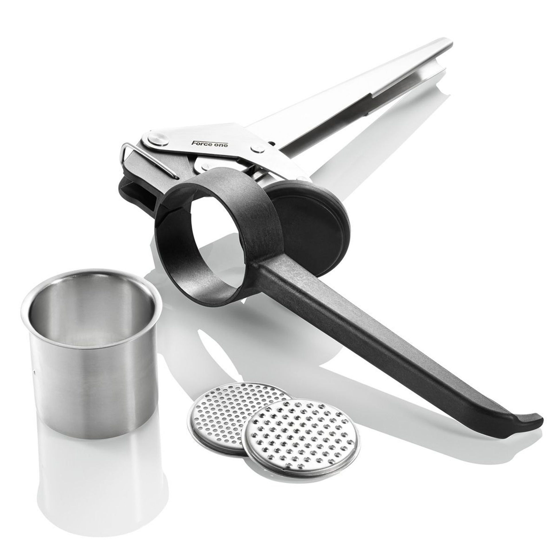 Potato press with perforated disc, stainless cup, and black lever handle