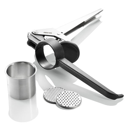 Potato press with perforated disc, stainless cup, and black lever handle