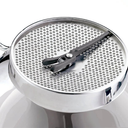 Stainless steel food mill with perforated drum and crank lever