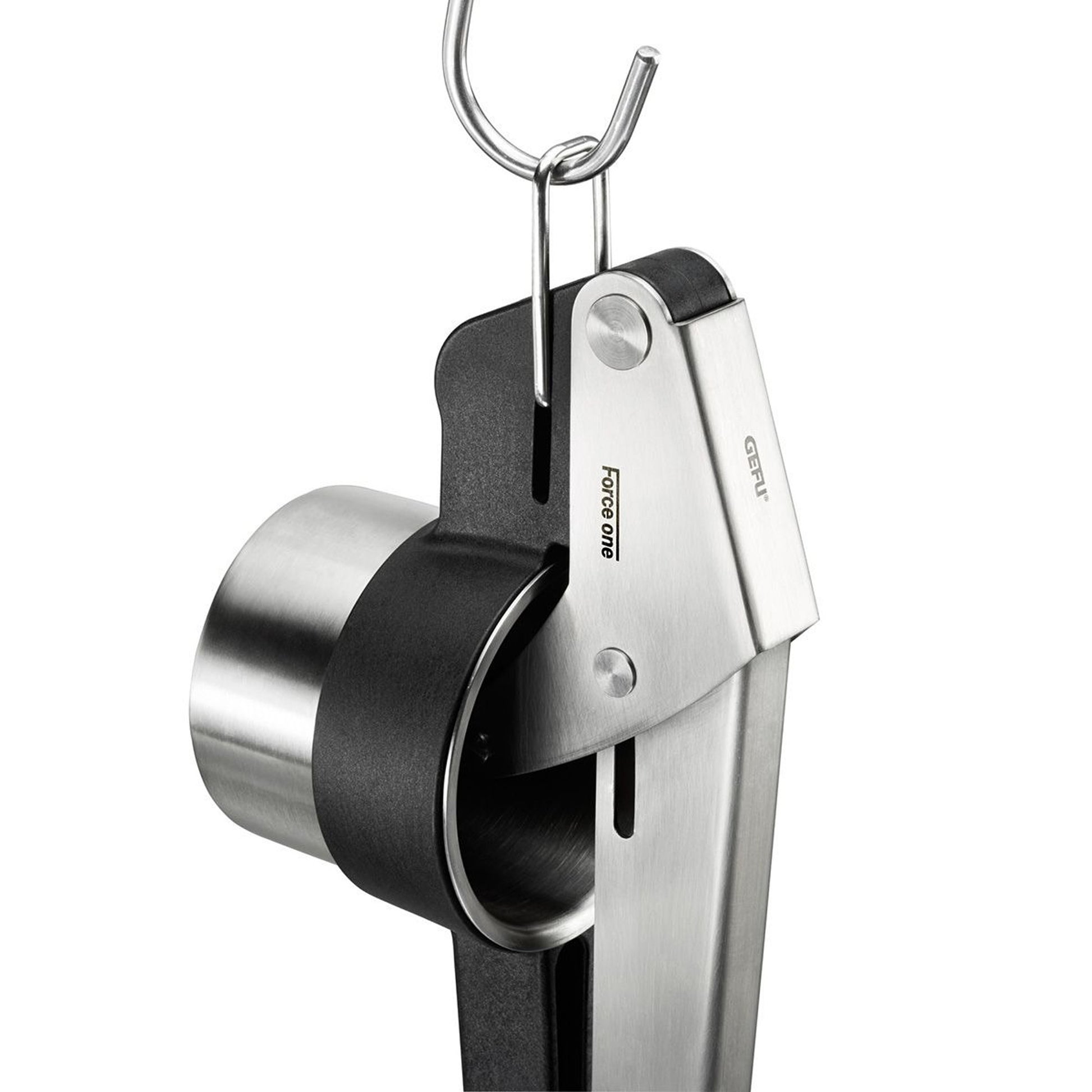 Potato press body with hanging loop, stainless metal housing, and black grip