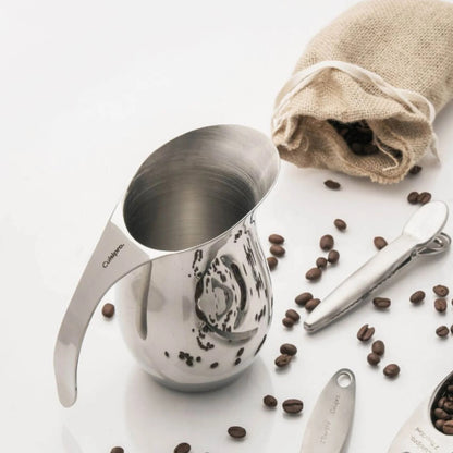 Stainless milk frothing pitcher with wide opening and curved pour spout