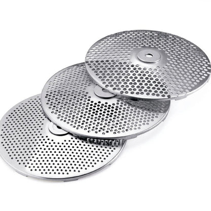 Stainless steel food mill with two interchangeable perforated grinding discs