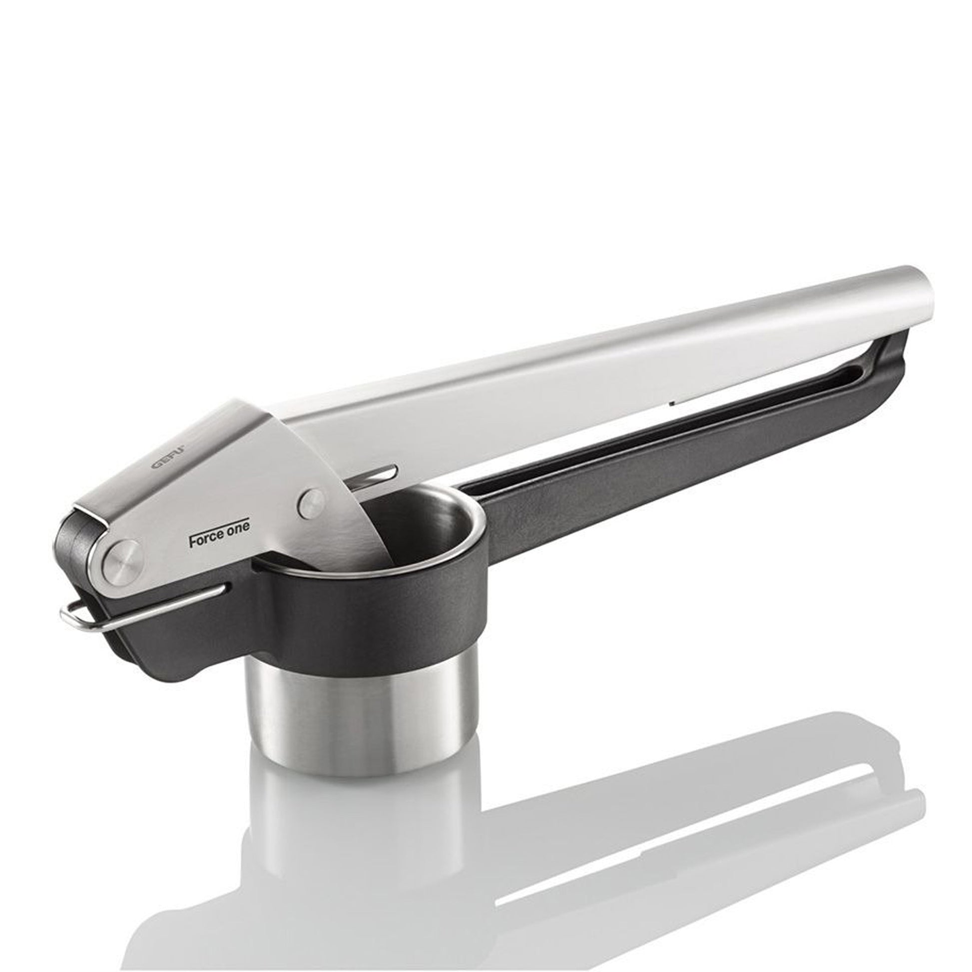 Potato, juice & spaetzle press with long bar handle, black lever, and stainless cup