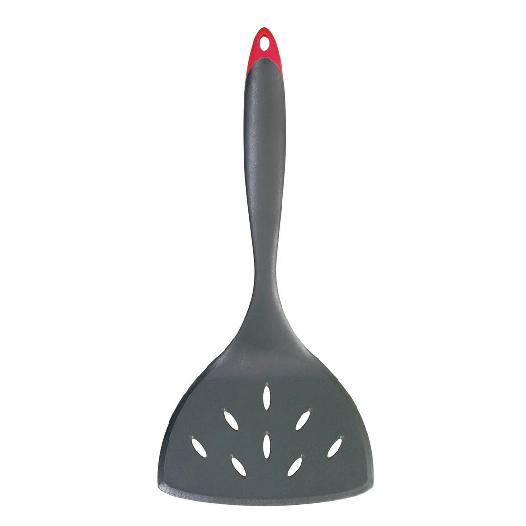 Wide fiberglass turner with red handle and dark perforated slotted head