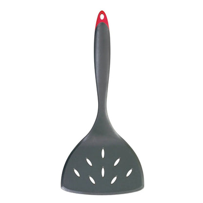 Wide fiberglass turner with red handle and dark perforated slotted head