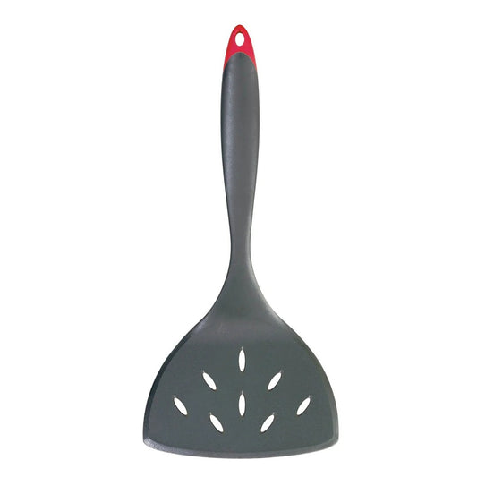 Wide fiberglass turner with red handle and dark perforated slotted head