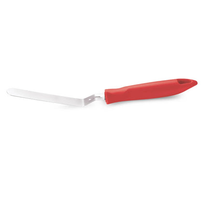Icing spatula with angled silver blade and red handle