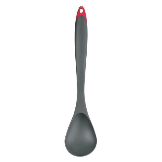 Fiberglass basting spoon with gray handle and red hanging loop