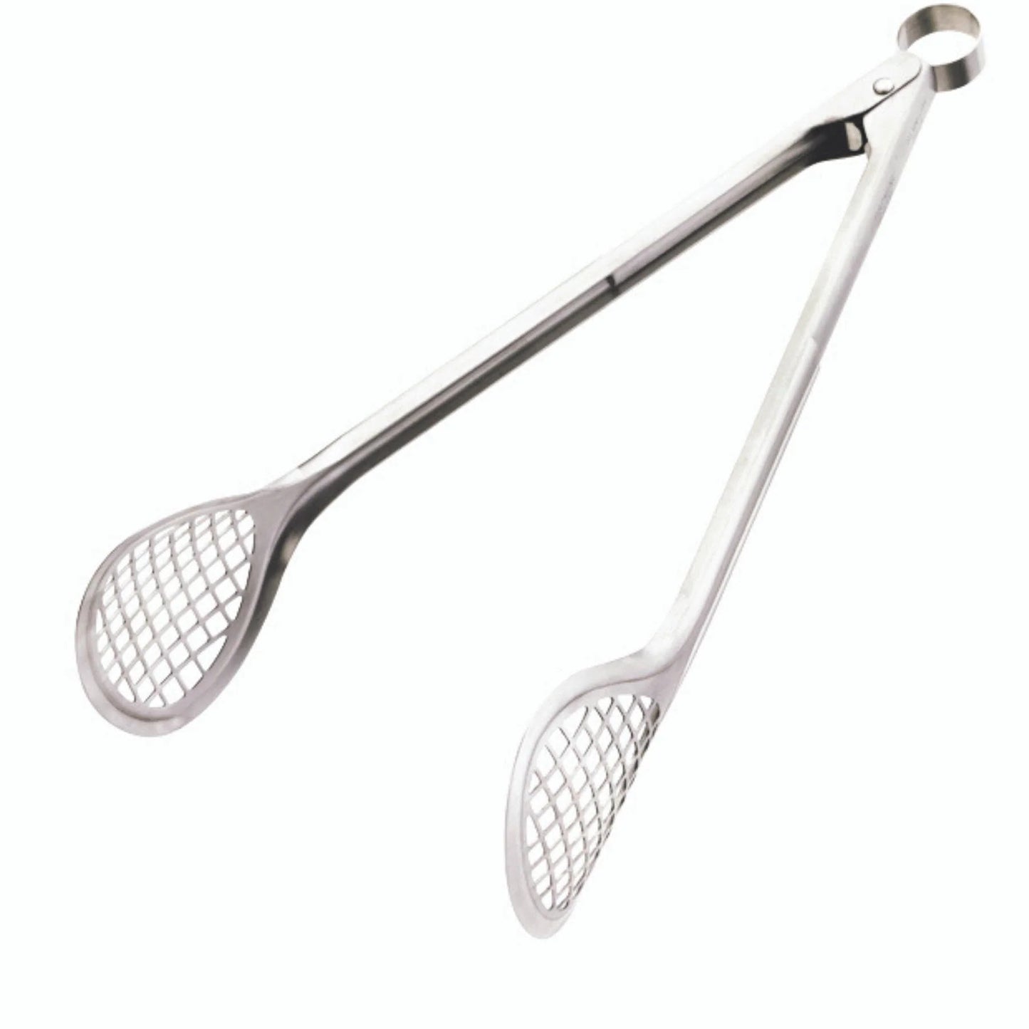 Stainless steel wide grill fry tongs with rounded mesh heads and long handles