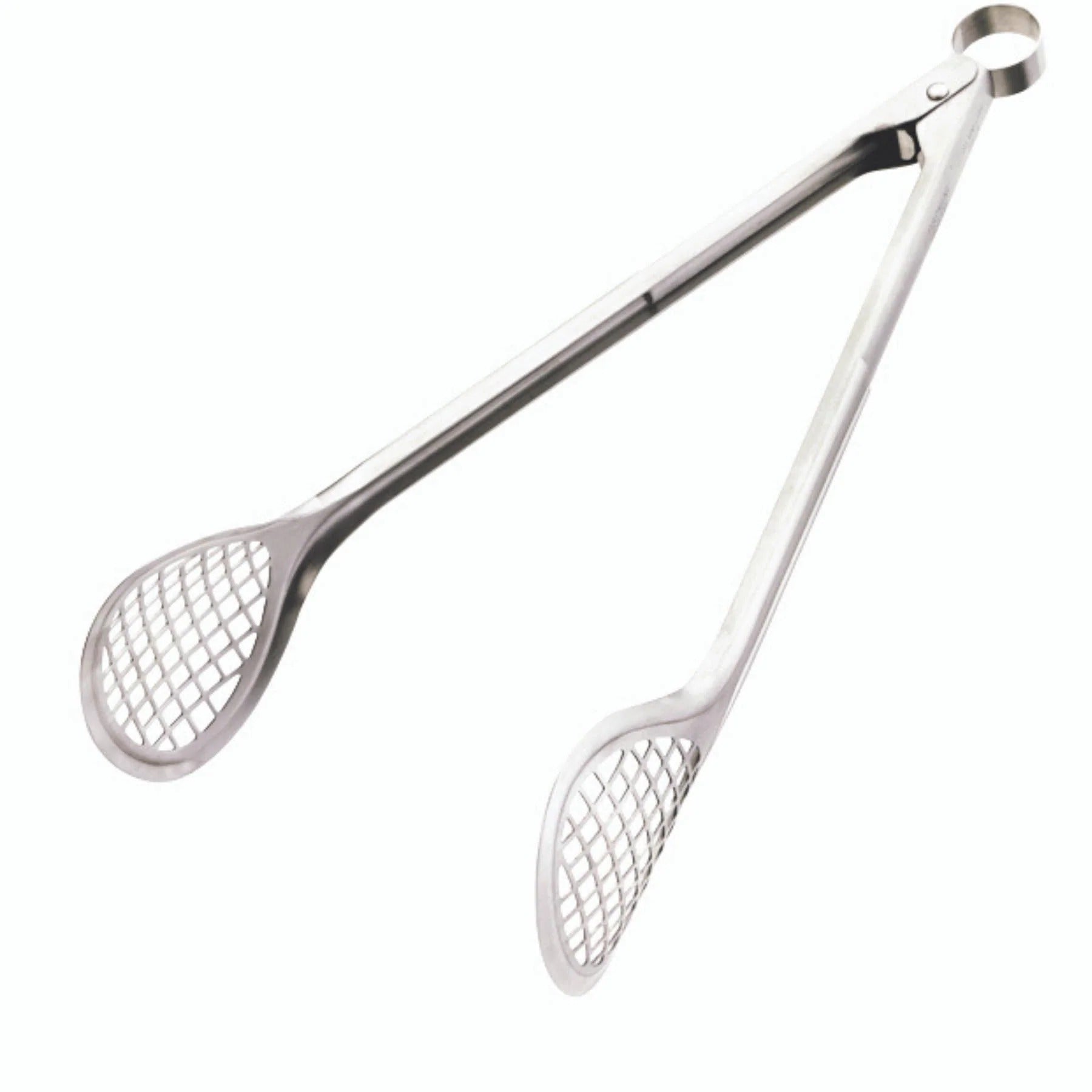 Stainless steel wide grill fry tongs with rounded mesh heads and long handles