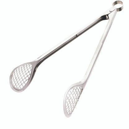 Stainless steel wide grill fry tongs with rounded mesh heads and long handles
