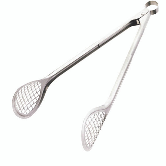 Stainless steel wide grill fry tongs with rounded mesh heads and long handles
