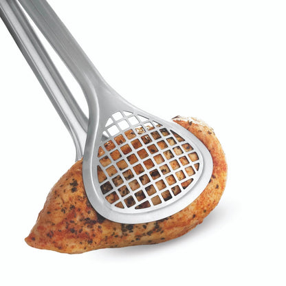 Wide mesh tong head lifting grilled food, stainless steel construction and long handle