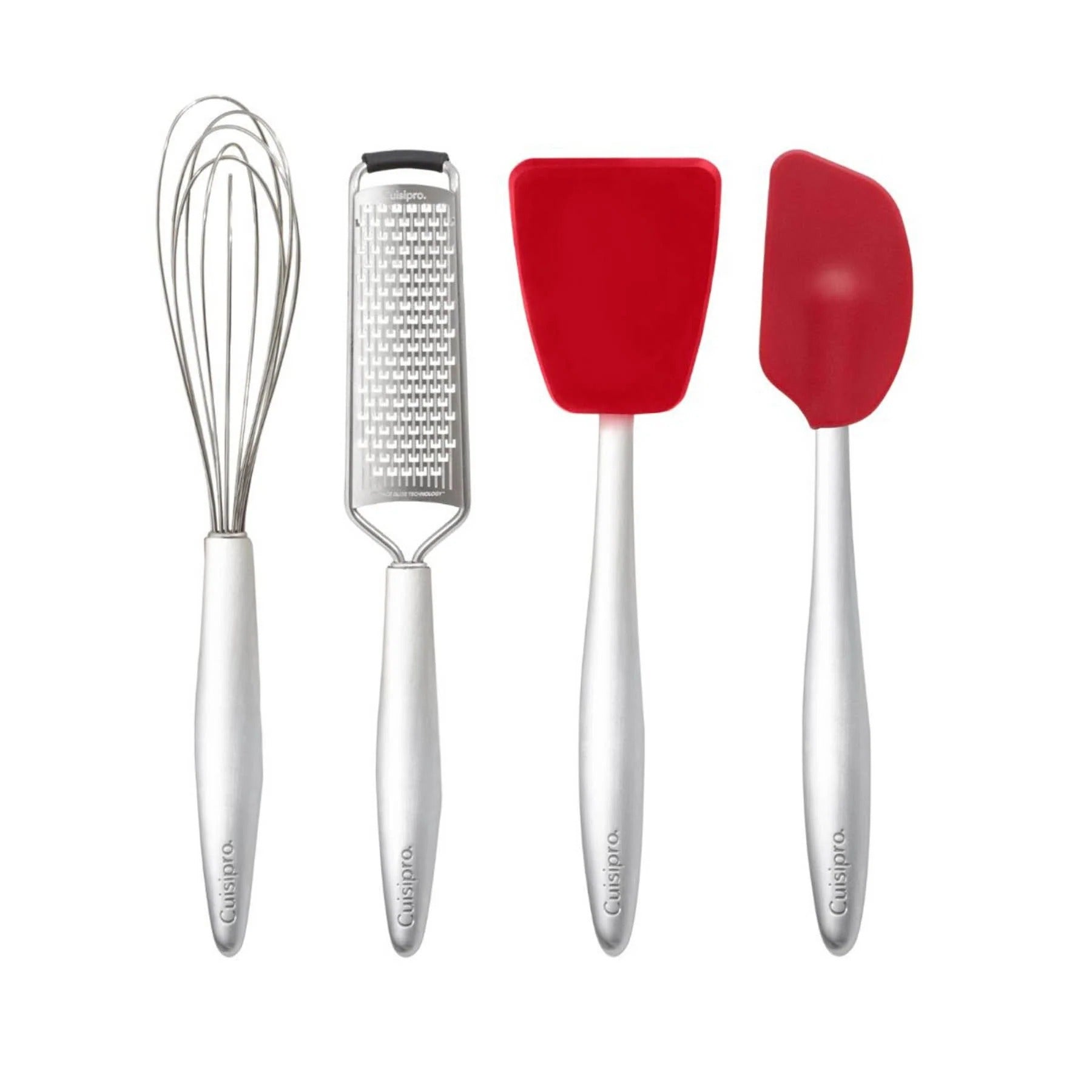 Piccolo mini baking set: whisk, grater, and two red silicone spatulas
