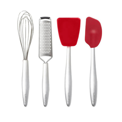 Piccolo mini baking set: whisk, grater, and two red silicone spatulas