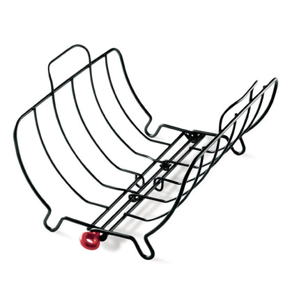 Black wire roasting rack with curved bars and side supports