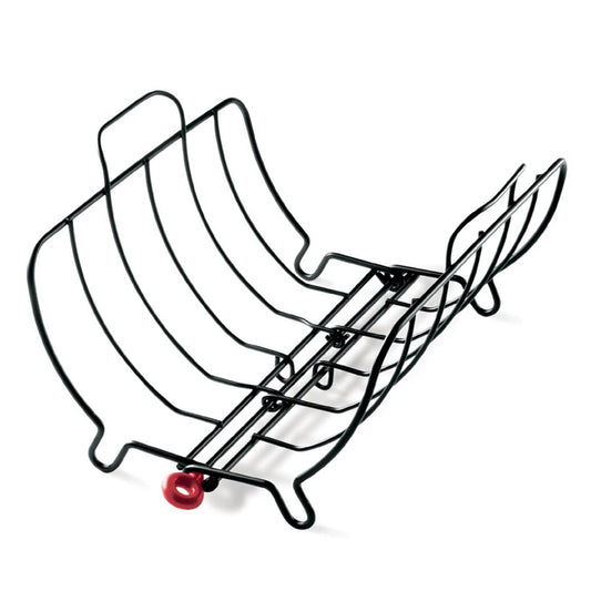 Black wire roasting rack with curved bars and side supports