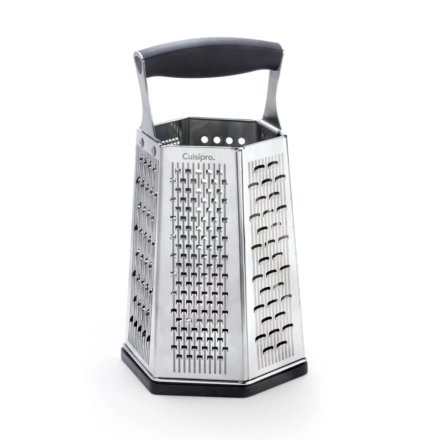 Stainless steel 6-sided box grater with black top handle and multi-size shredding faces