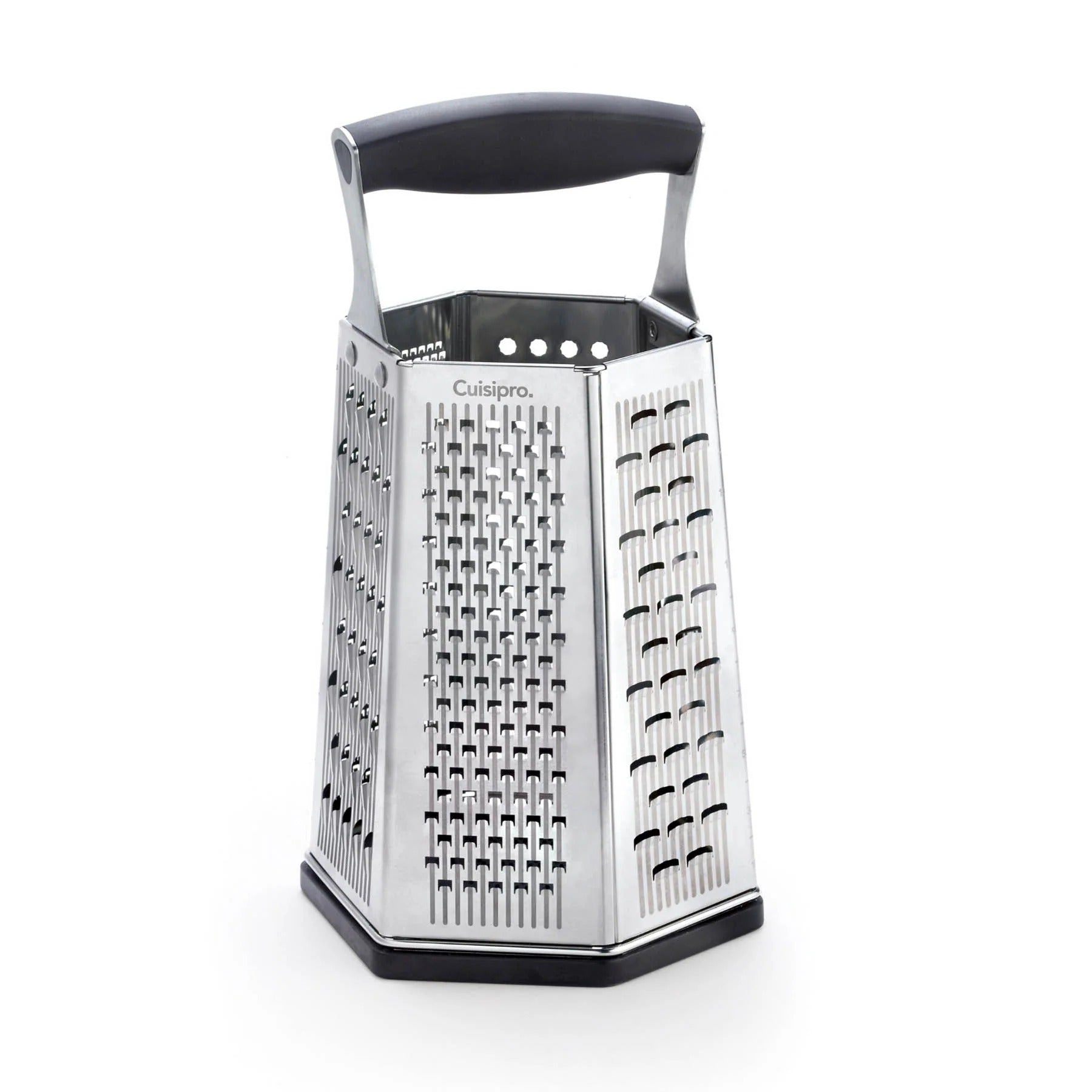 Stainless steel 6-sided box grater with black top handle and multi-size shredding faces