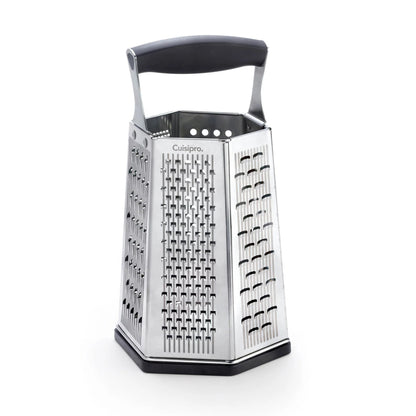 Stainless steel 6-sided box grater with black top handle and multi-size shredding faces
