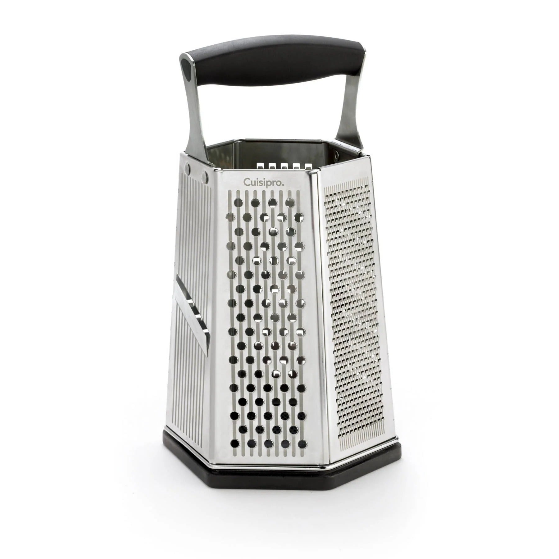 Stainless steel box grater with black top handle and perforated grating sides