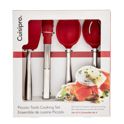 Piccolo mini cooking set box with four red utensils and stainless handles