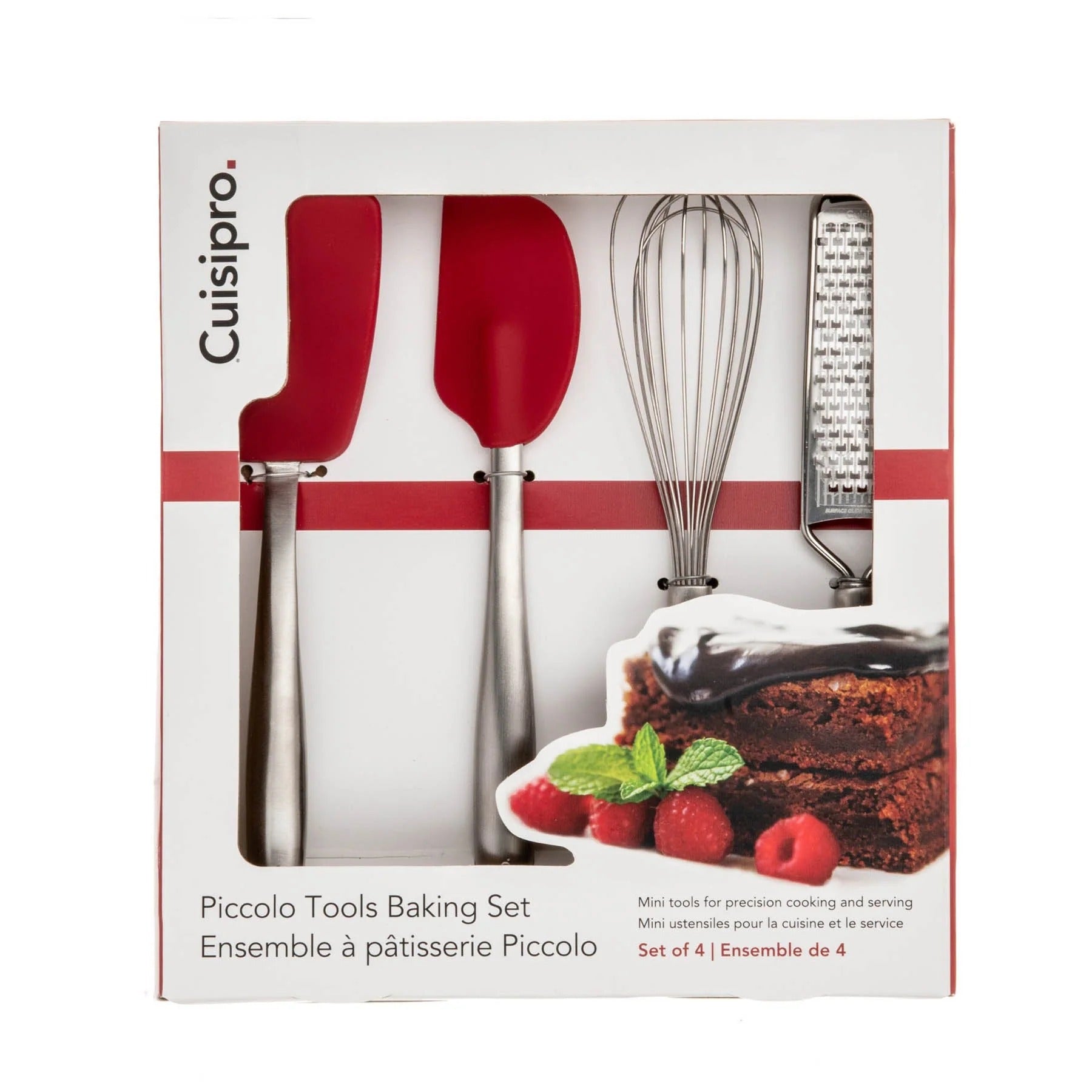 Piccolo mini baking set box with red silicone spatulas, whisk, and grater tools