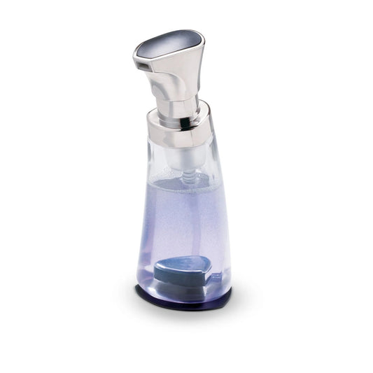 Foam pump dispenser with clear reservoir, lavender base, and chrome nozzle