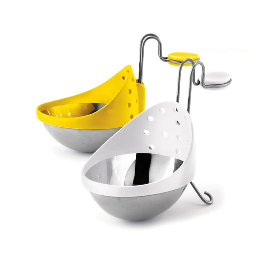 Egg poacher set with yellow cup insert, perforated white cups, and silver stand