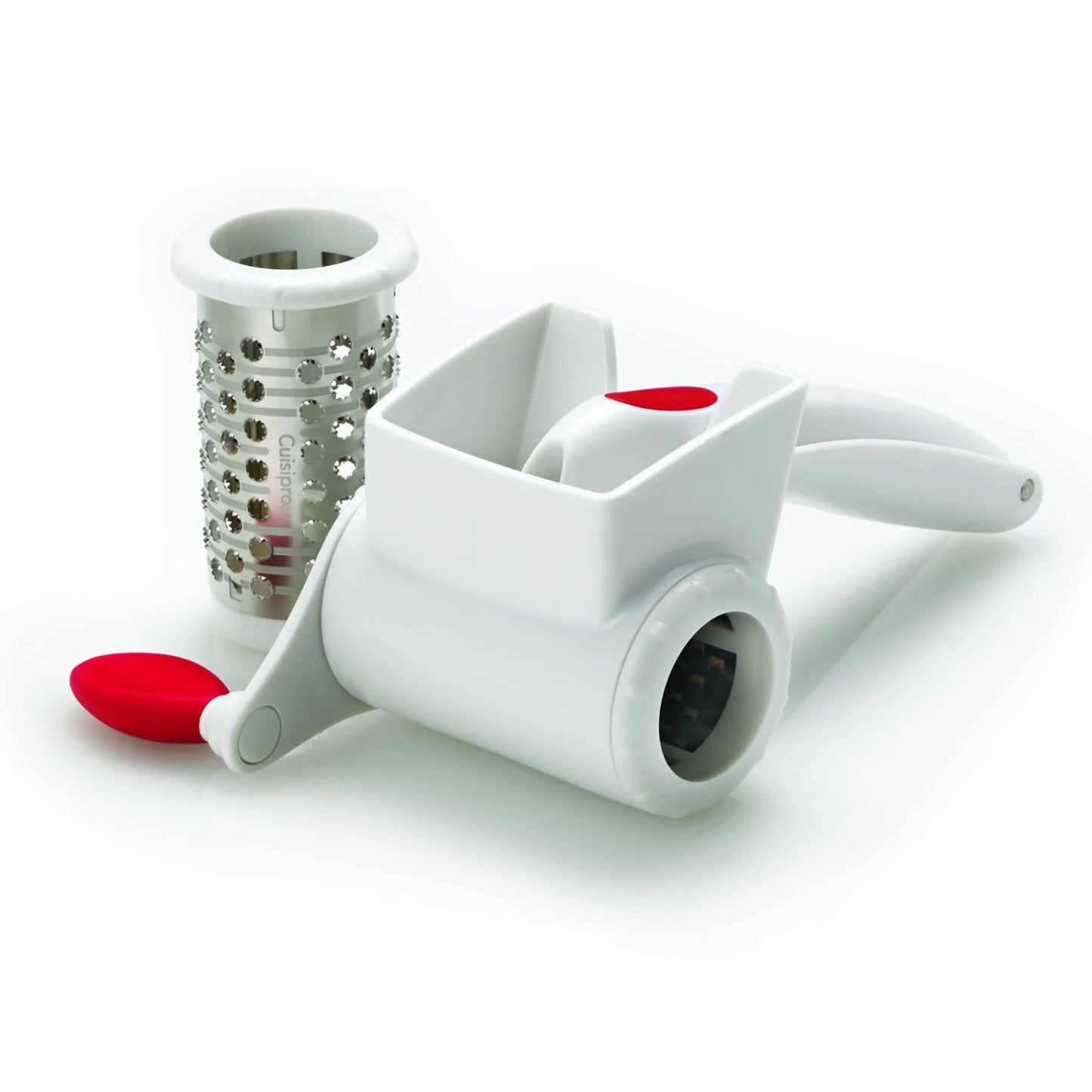 White rotary grater with red pads and cylindrical shredding drum
