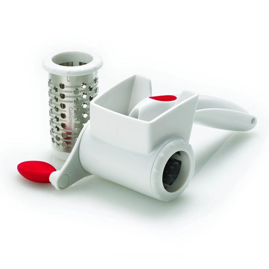 White rotary grater with red pads and cylindrical shredding drum