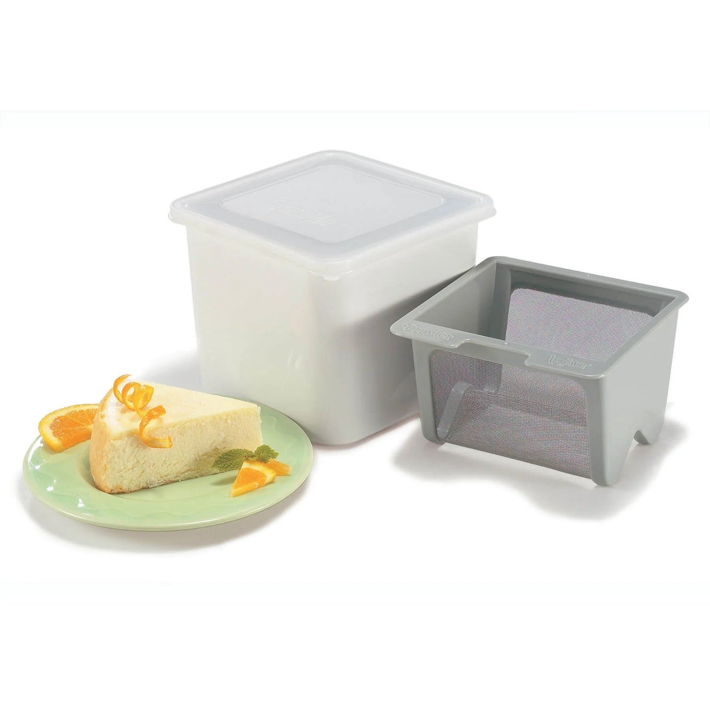 White yogurt cheese maker tub with gray draining insert, side view