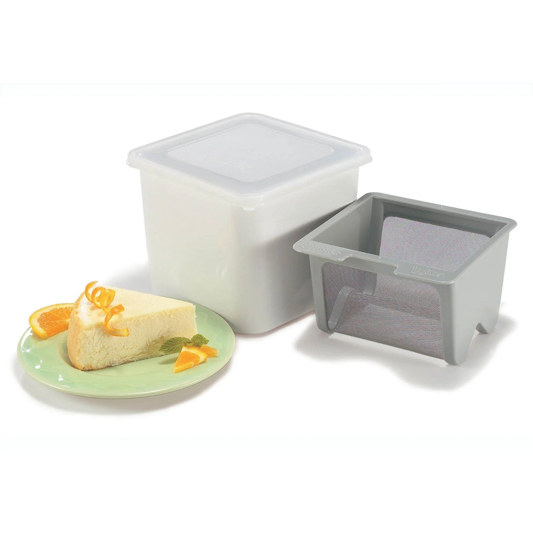 White yogurt cheese maker tub with gray draining insert, side view