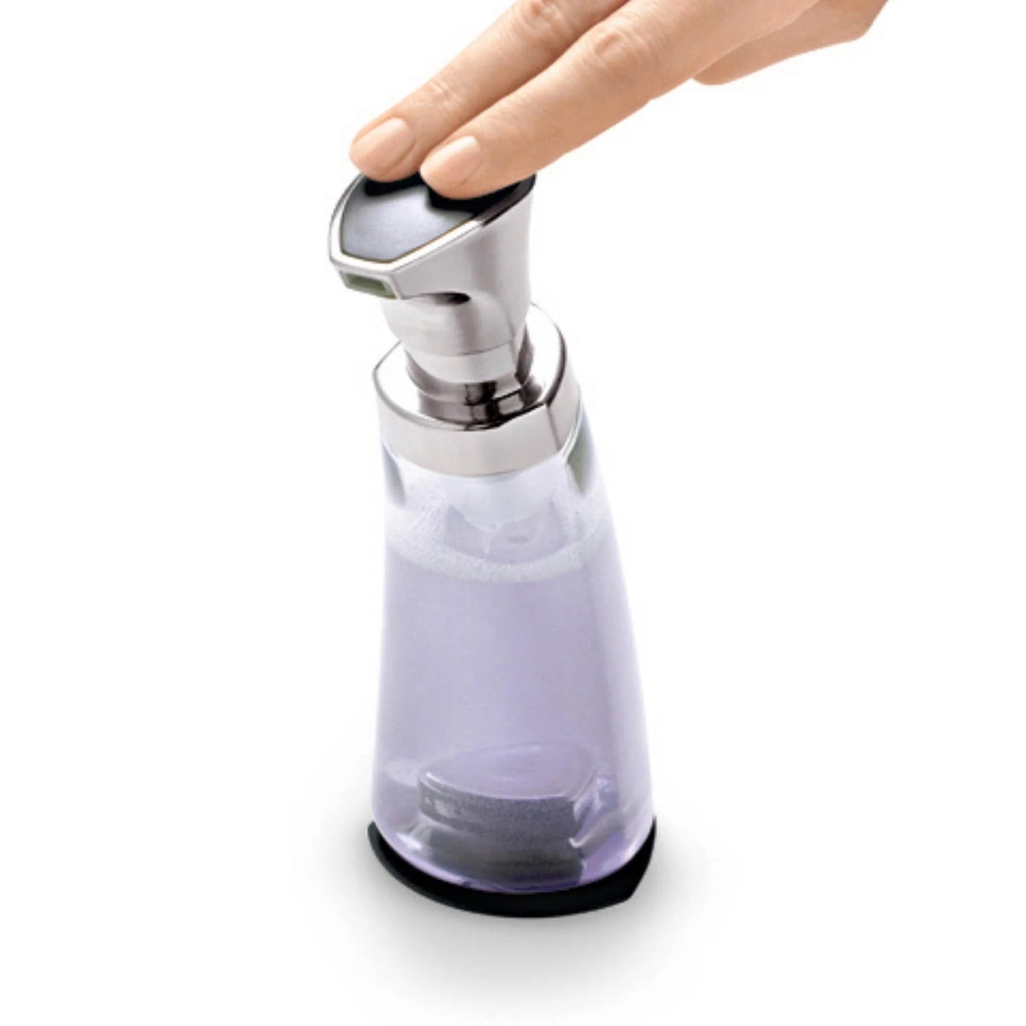 Foam pump dispenser with chrome lever; hand pressing to dispense over clear container
