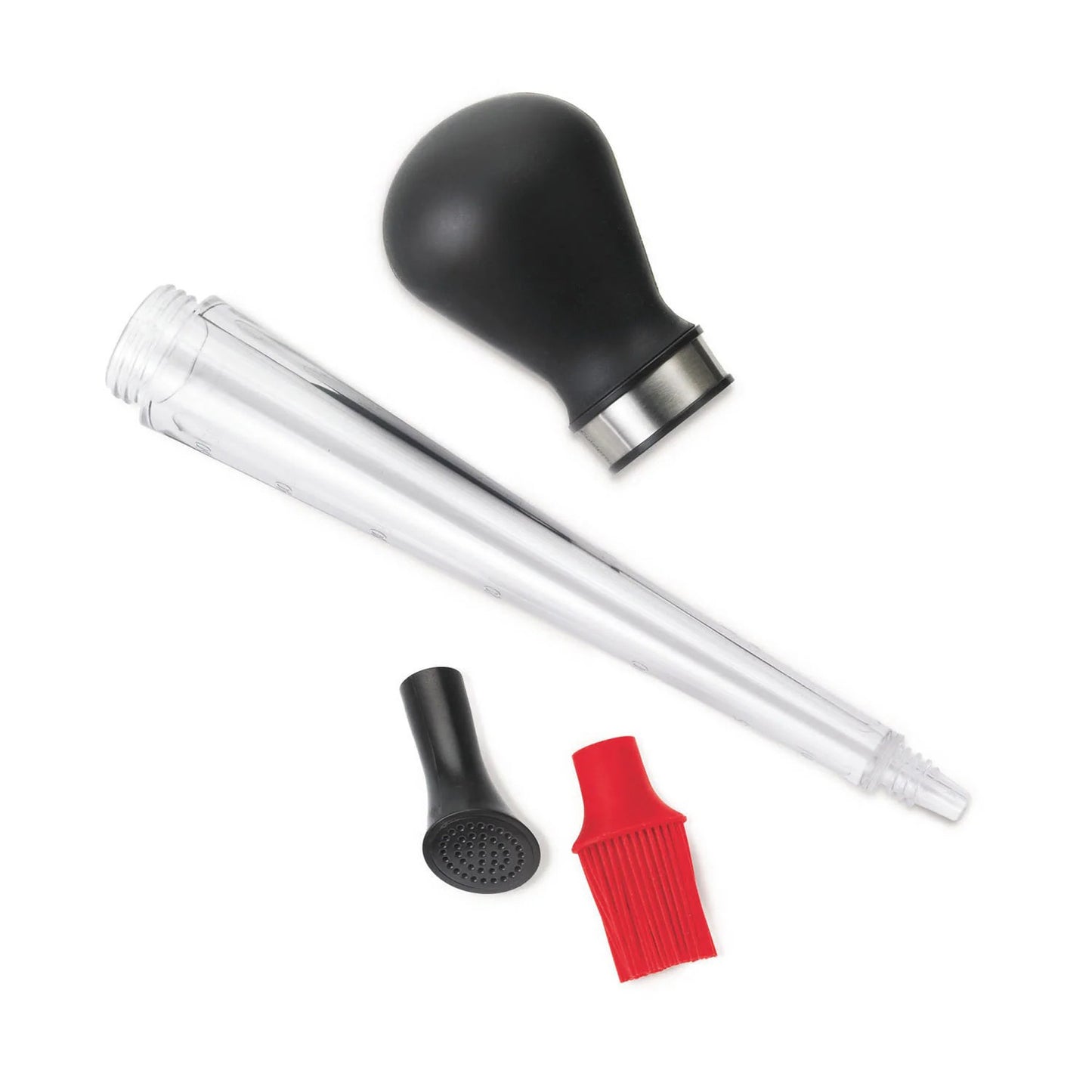 Turkey baster with clear barrel, black bulb, black nozzle and red brush attachments