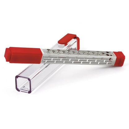 Pocket grater with red end caps and clear protective frame