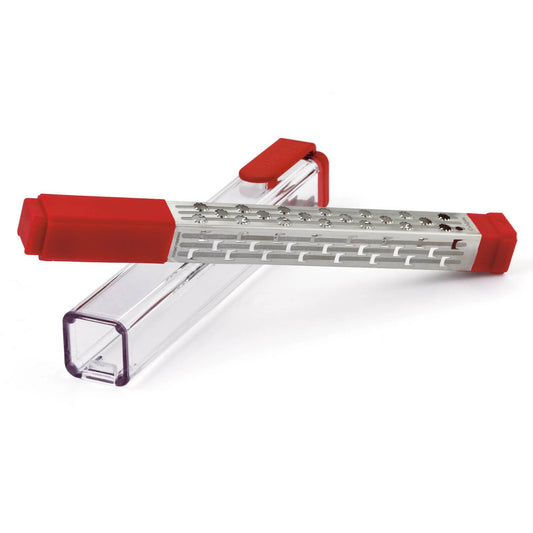 Pocket grater with red end caps and clear protective frame