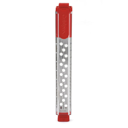 Pocket grater with red top cap and perforated stainless grating strip