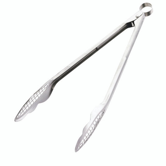 Stainless steel narrow grill fry tongs, long handles with mesh gripper tips