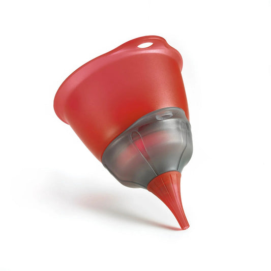 Red and gray funnel attachment with narrow pouring tip and strainer