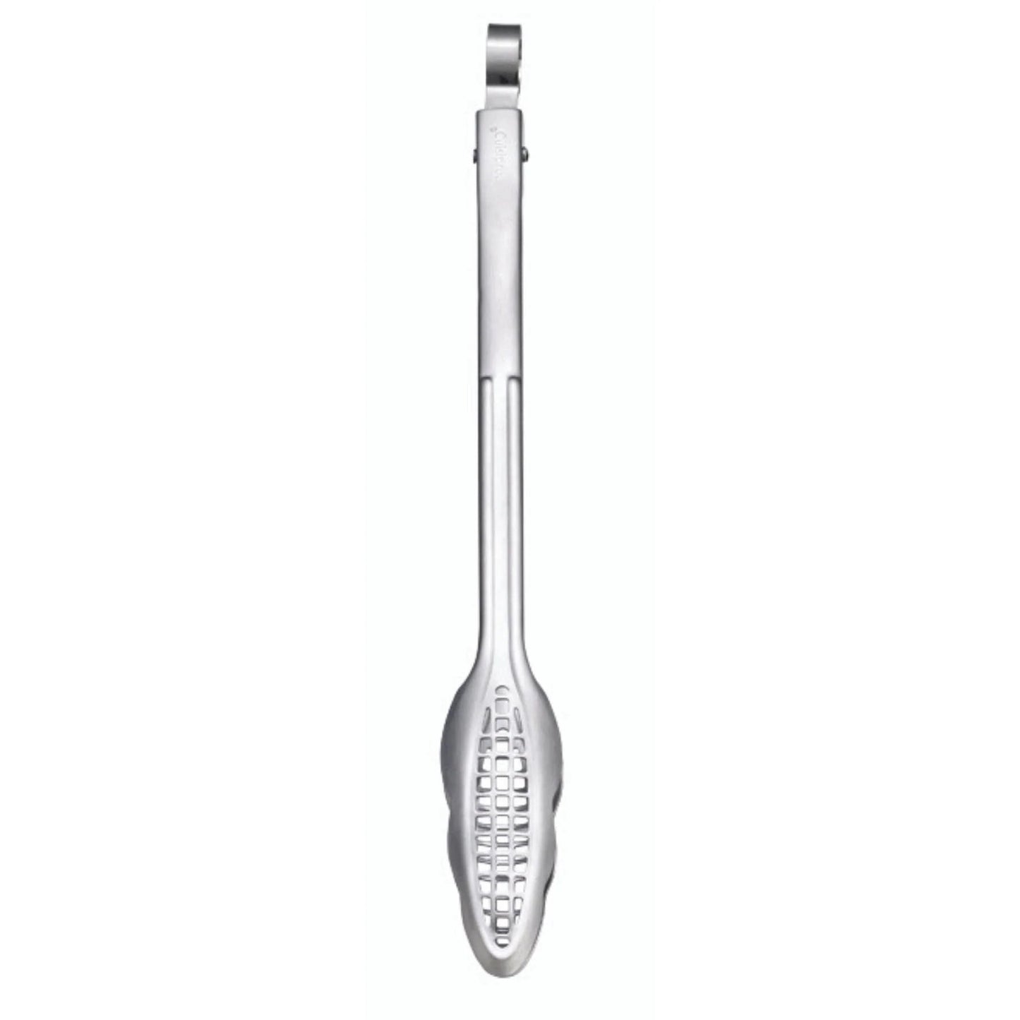 Stainless steel narrow grill fry tong with gridded head and hanging loop