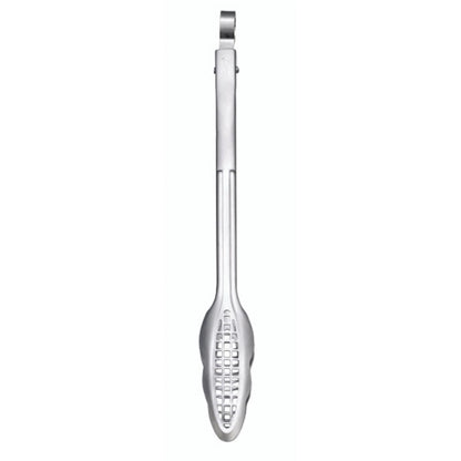 Stainless steel narrow grill fry tong with gridded head and hanging loop