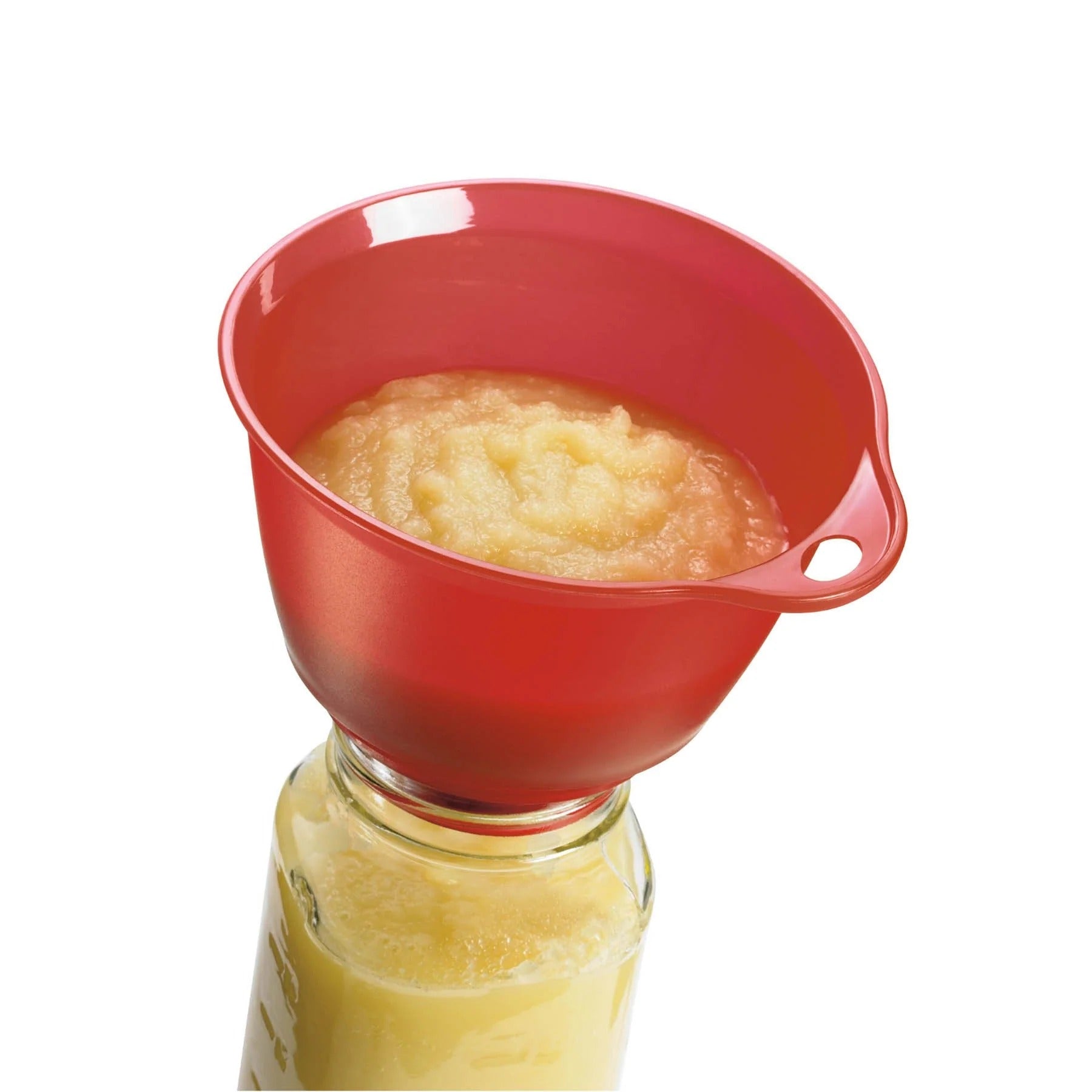 Red funnel with mesh filter for pouring puree from a bottle neck