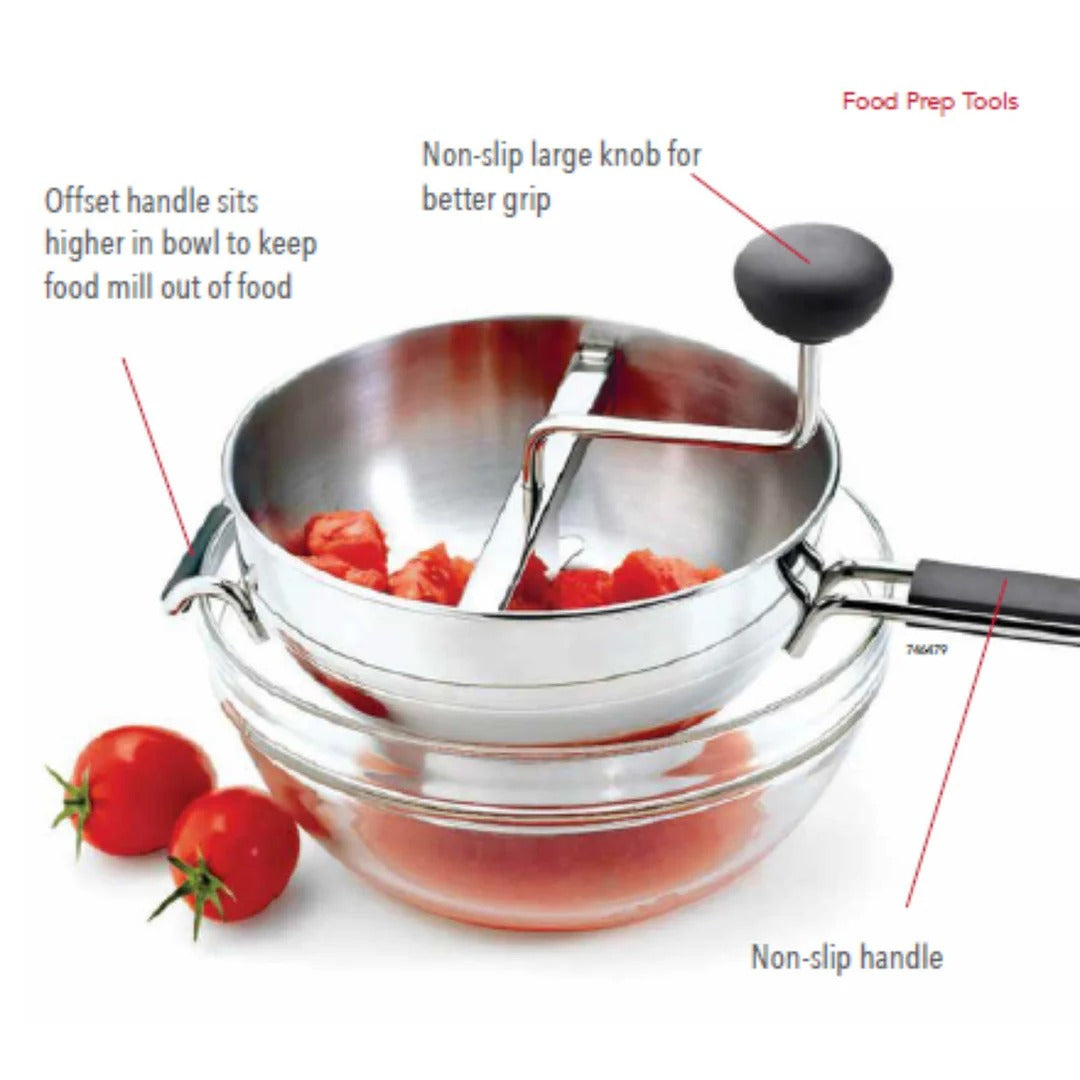 Food mill with clear bowl, non-slip knob, and side clamp handles