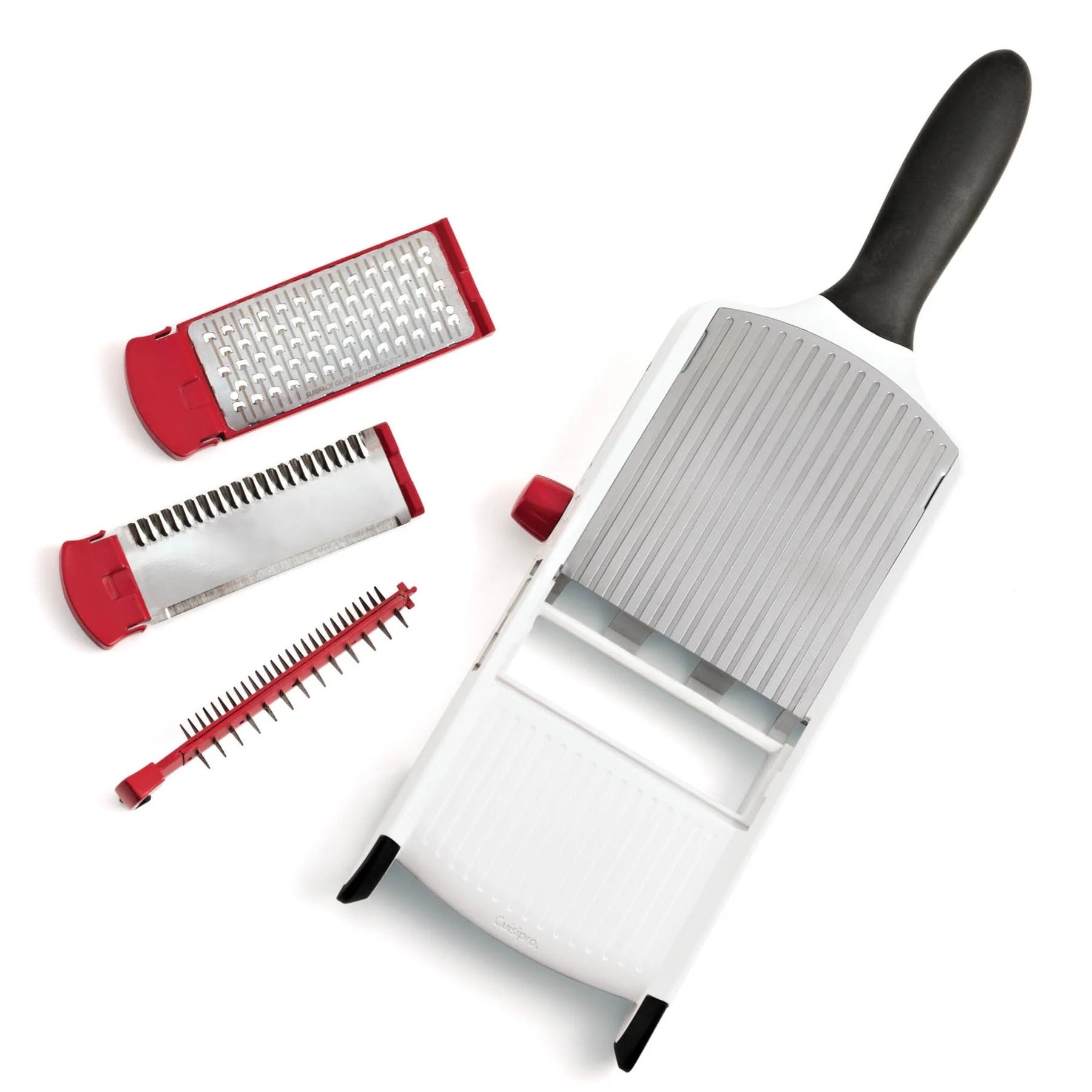 Handheld mandoline slicer with black handle and white body, plus red blade inserts.