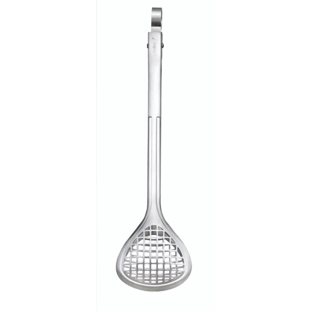 Stainless steel wide grill tong with looped hanging ring and rounded mesh head