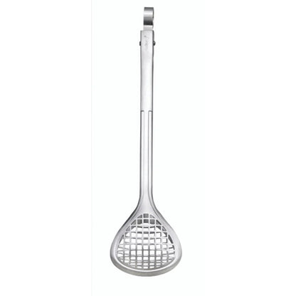 Stainless steel wide grill tong with looped hanging ring and rounded mesh head