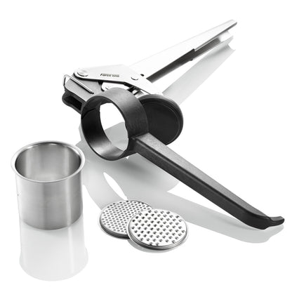 Potato, juice & spaetzle press with black lever, stainless cup, and perforated disc